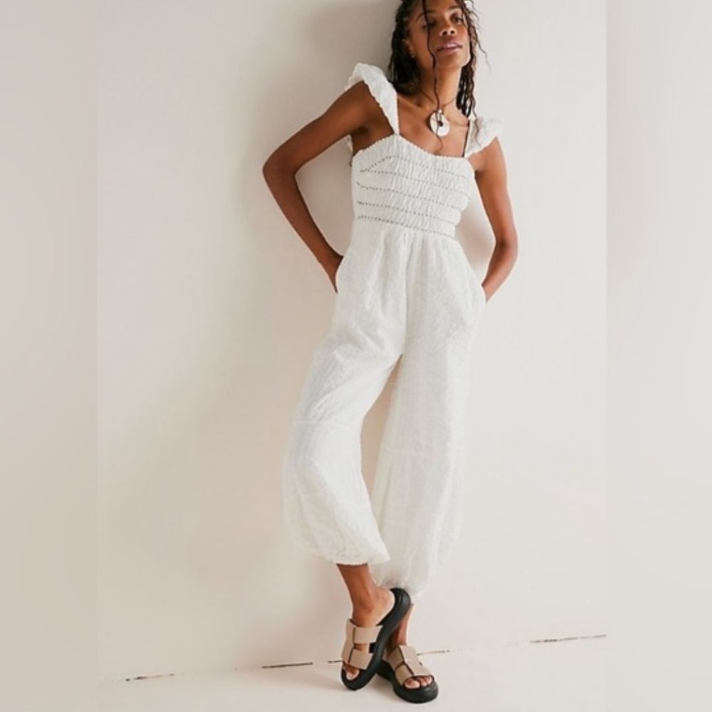 Free People Speakeasy Beaded Jumpsuit in White NEW